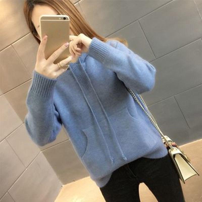 Hooded Sweater Women Loose Pullover Knit Sweater with Pockets for Outer Wear Base Knit Jumper