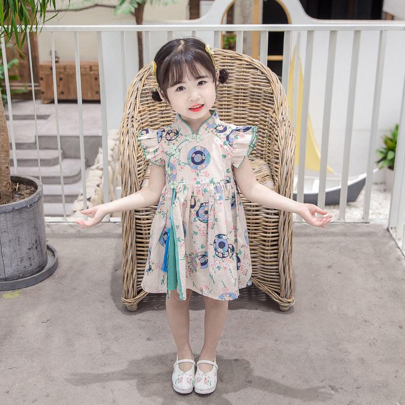 Girls Cheongsam Skirt Summer Dress Baby Girl Summer Style Hanfu Tang Suit Children Foreign Style Flying Sleeve Dress