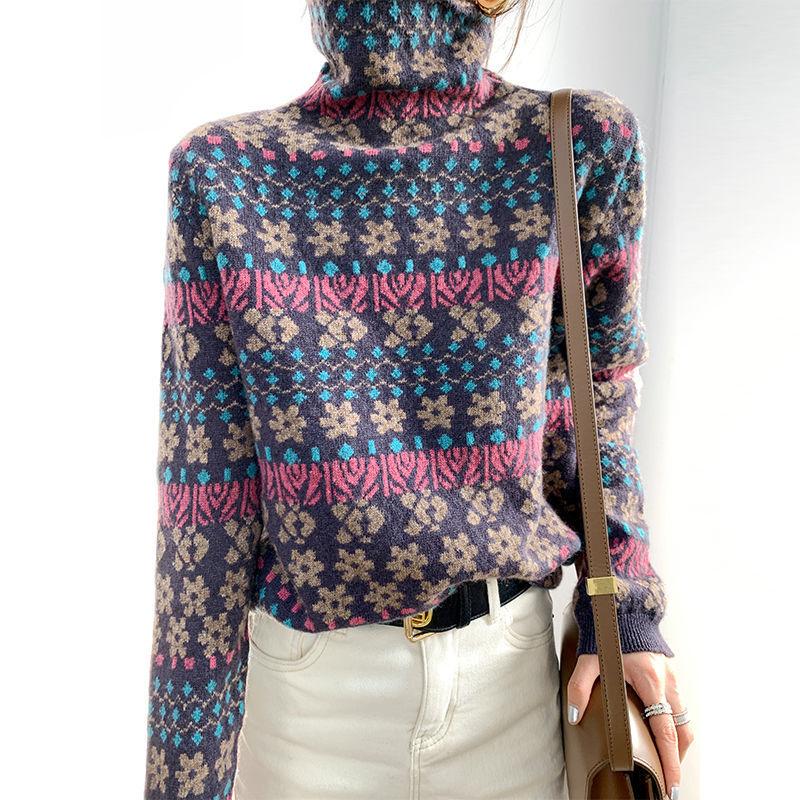 Retro Jacquard Turtleneck Sweater Women Fall/winter Loose Pullover Long-sleeved Fashion Sweater Inner Base