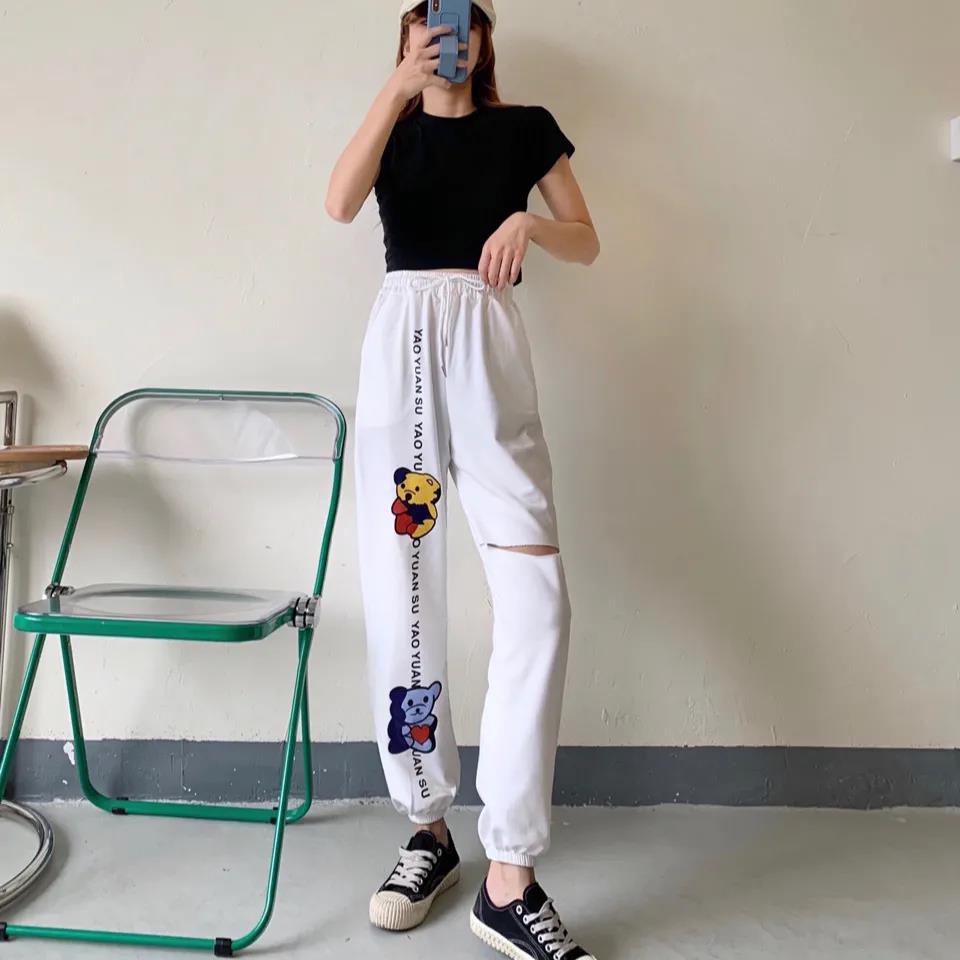 Girls Pants Summer High Waist Slimming Sports Running Students Beggars with Holes In Nine-point Guard Pants