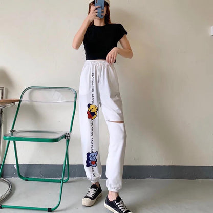 Girls Pants Summer High Waist Slimming Sports Running Students Beggars with Holes In Nine-point Guard Pants