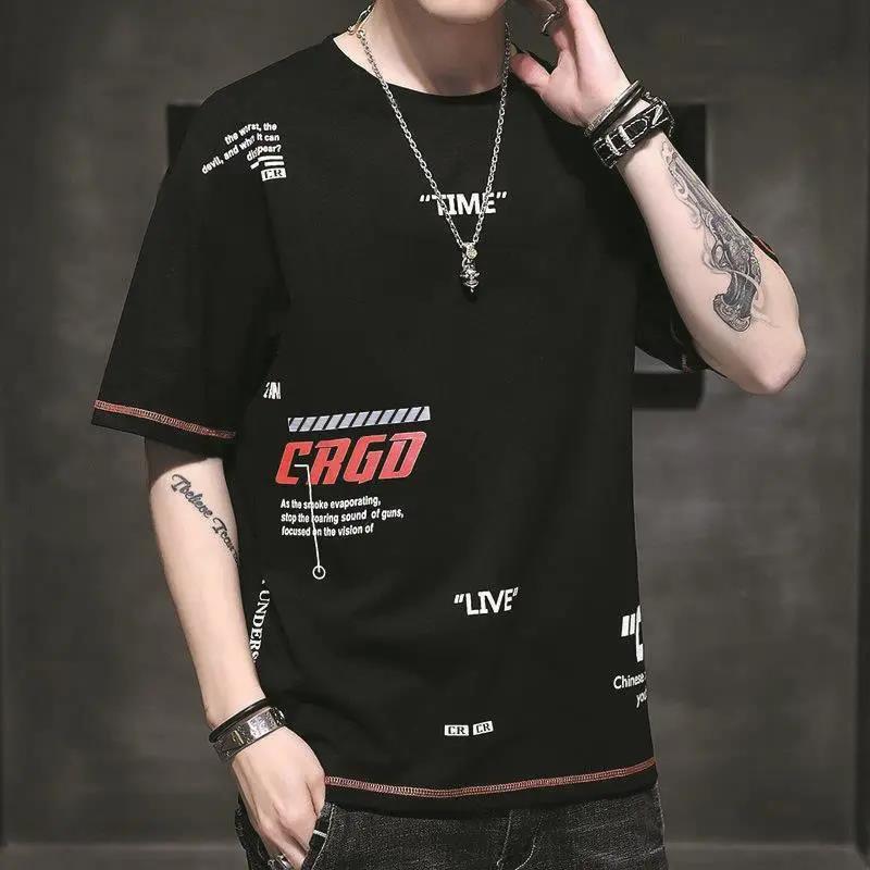 T-shirt for Men O-neck Short Sleeve Thin Shirt Korean Trendy Alphabet Print Tees Soft Casual Loose Pullover for Youth