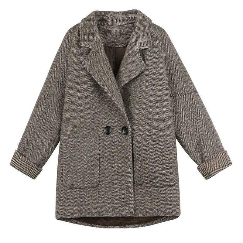 Coat Women's Spring and Autumn British Style Woolen Plus Cotton Thickened Loose and Thin Casual Coat