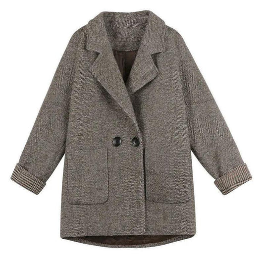 Coat Women's Spring and Autumn British Style Woolen Plus Cotton Thickened Loose and Thin Casual Coat