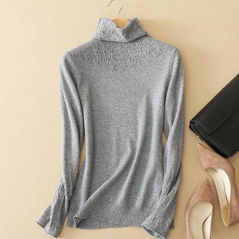 Autumn and Winter Knitted Hollow Wool Sweater Pile Pile Collar Bottoming Shirt Turtleneck Pullover  Blouse Women