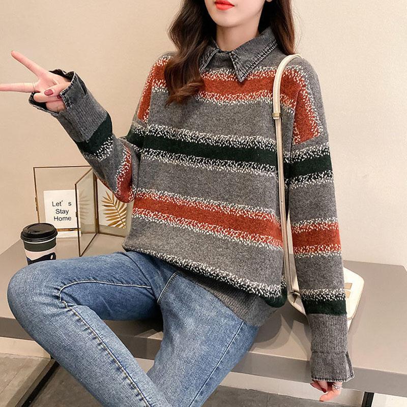 Fake Two Piece Stitching Shirt Denim Collar Sweater Women Autumn and Winter Korean Loose Fashion All-match Blouse Women