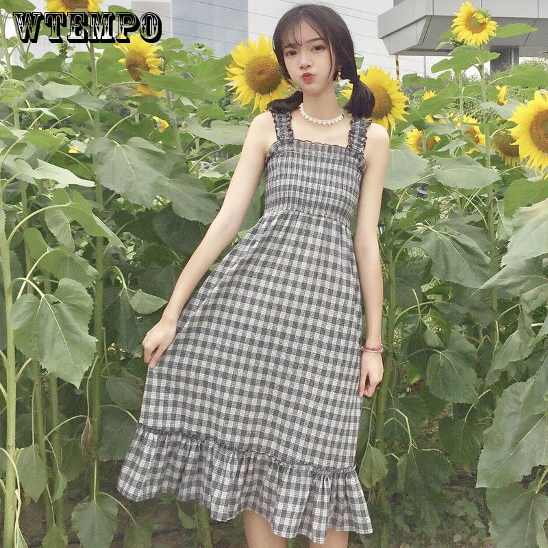 WTEMPO Brand Summer Loose Sling Small Fresh Women's Student Tube Top Long Plaid Dress