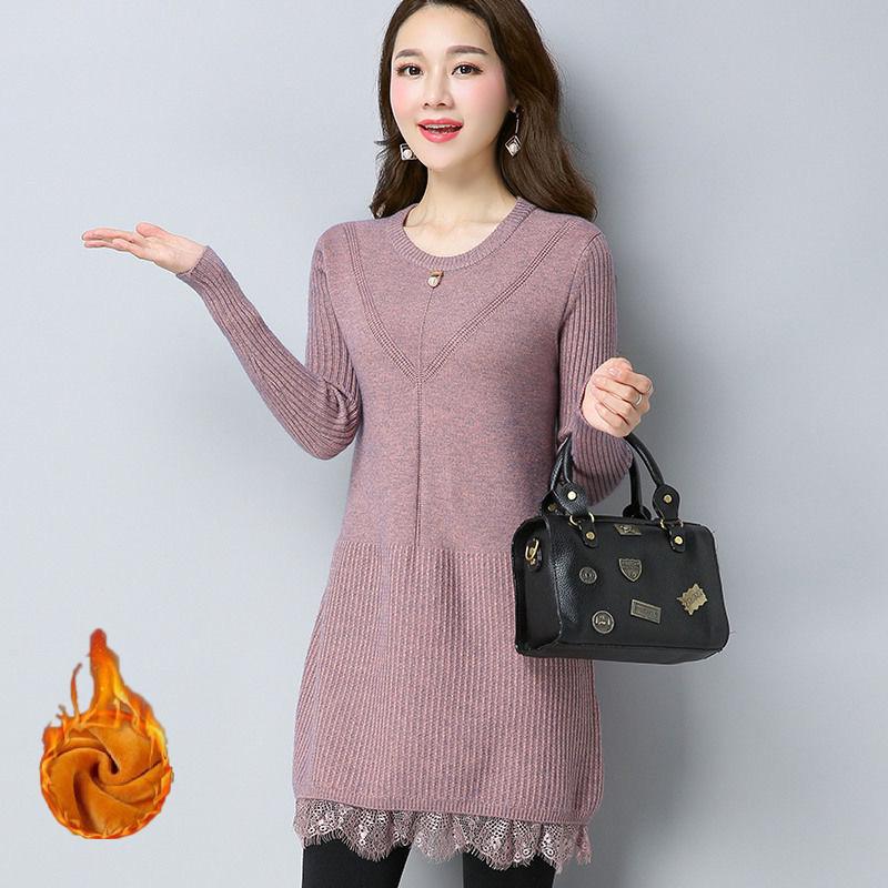 Plus Thick Autumn and Winter Sweater Women Loose and Warm Mid-length Bottoming Shirt Round Neck Knitted Lace Sweater Dress