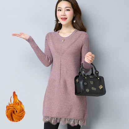 Plus Thick Autumn and Winter Sweater Women Loose and Warm Mid-length Bottoming Shirt Round Neck Knitted Lace Sweater Dress
