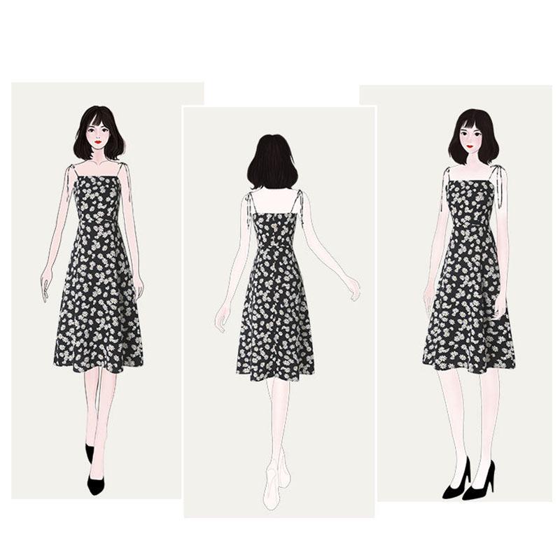 Pofulove Women's Little Daisy Floral Dress Summer Sleeveless slip dress  Midi Sexy A-line ruffled Spaghetti Strap Dress