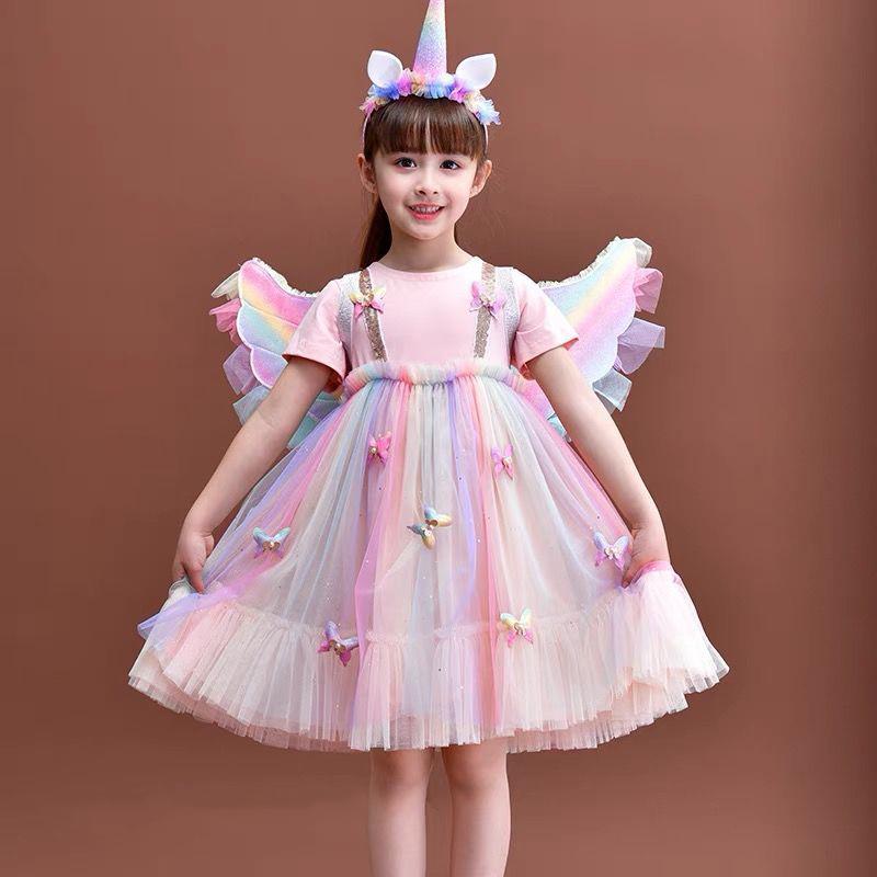 Girls Rainbow Dress Little Girl Princess Dress Short-sleeved Fairy Dress Summer Dress Birthday Dress