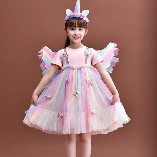 Girls Rainbow Dress Little Girl Princess Dress Short-sleeved Fairy Dress Summer Dress Birthday Dress