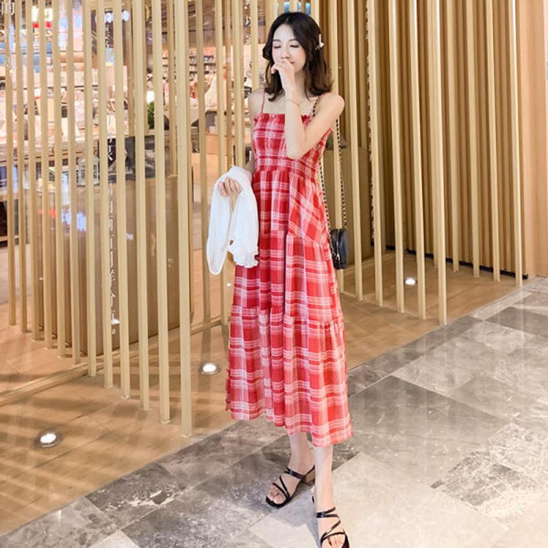 Plaid Chiffon Suspender Skirt Dress Female Summer Long French Style Over-the-knee Retro Fashion Dress