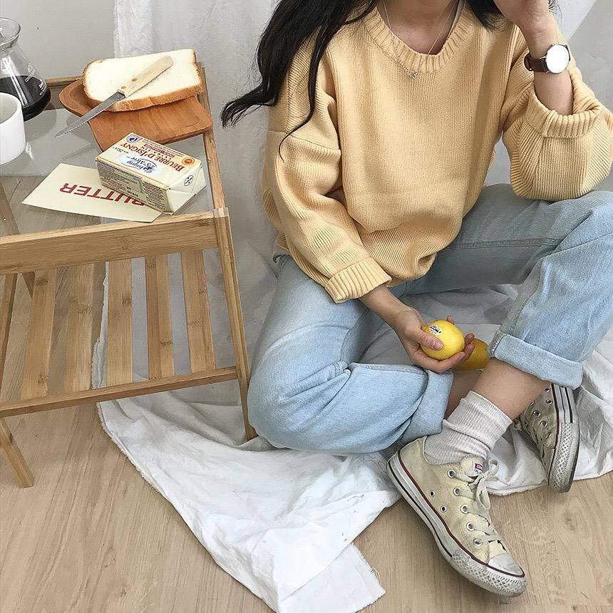 3 Colors Girly Warm Solid Purple O-Neck Loose Sweater Blouse Simple Color Chic Sweaters