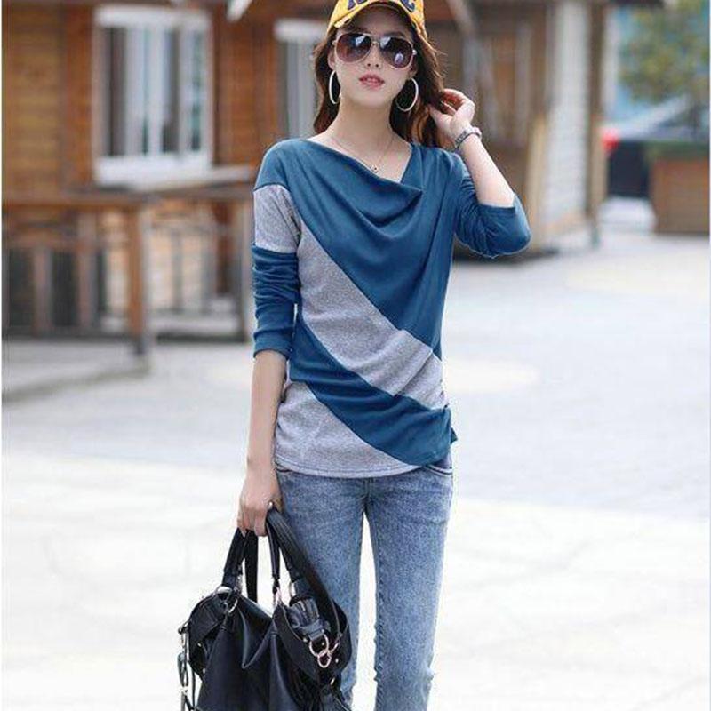 Splicing Cotton T-Shirt Autumn Women O-Neck Loose Simple Purple Tshirt Long Sleeve Ladies Cozy Top Pullover