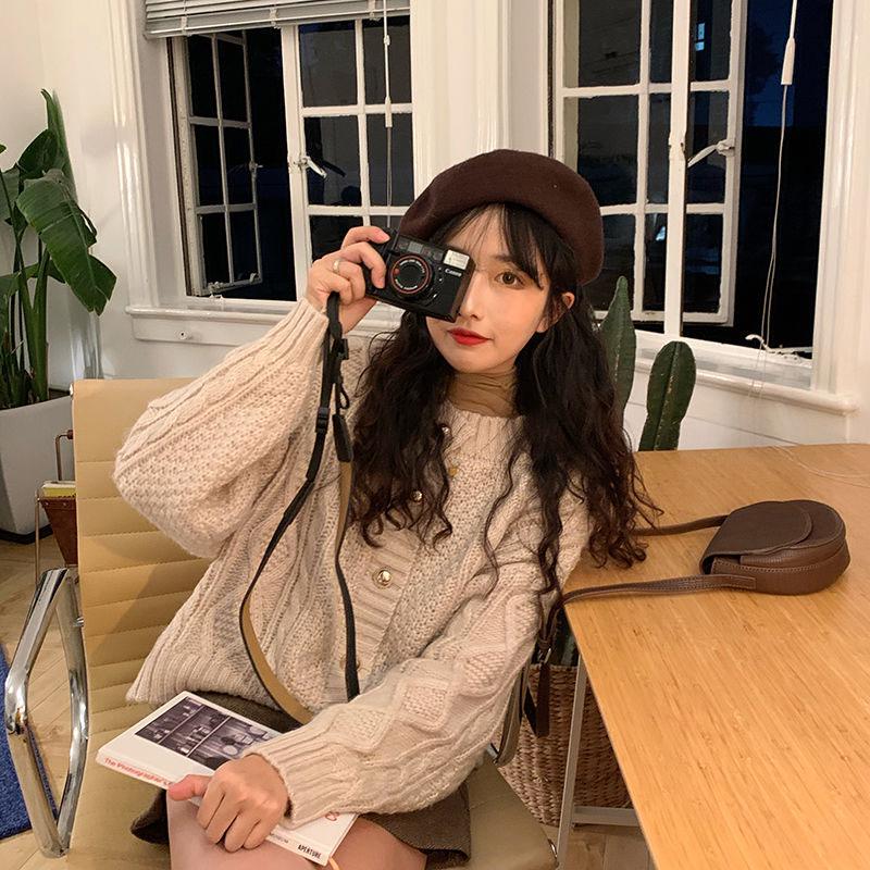 Autumn and Winter Coat Loose Fashion Short Long-sleeved Knit Top Female Student Solid Color Sweater Coat