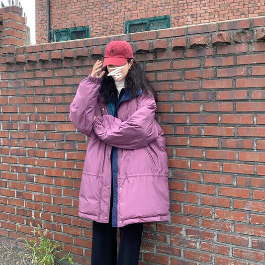 Both Sides Wear Cotton-padded Jacket Women Korean Style Loose Mid-length Winter College Style Warm Workwear Padded Jacket