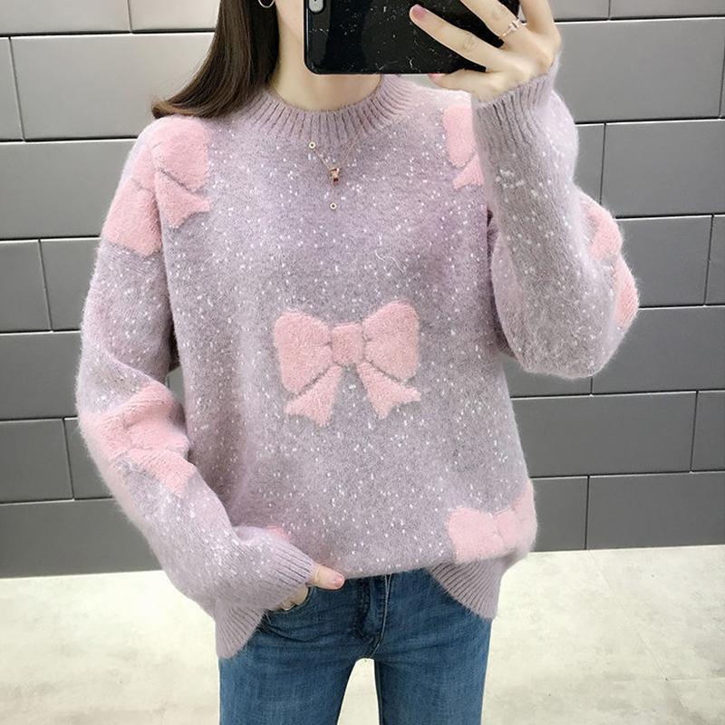 Half Turtleneck Sweater Women Autumn and Winter Loose Large Size Thick Net Red Bow Bottoming Sweater