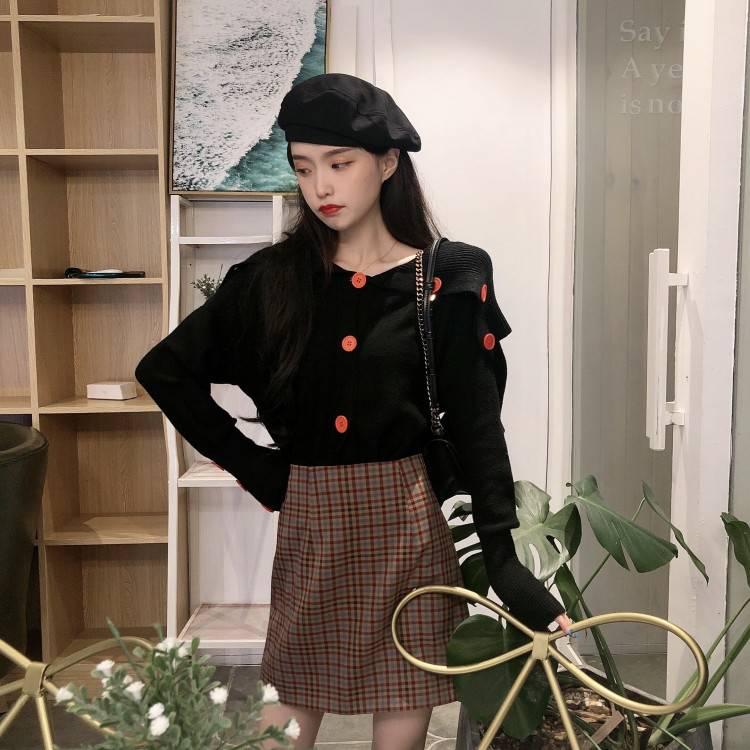 Pofulove Winter College Wind Irregular Strapless Navy Collar Loose Long Sleeve Knit Sweater
