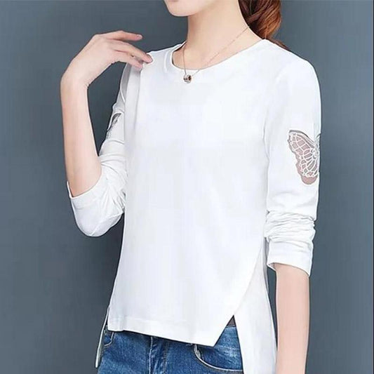 Spring and Autumn Pure Cotton Long-sleeved Foreign Style T-shirt Women's Korean Version Hollow Embroidered Irregular High-end Top