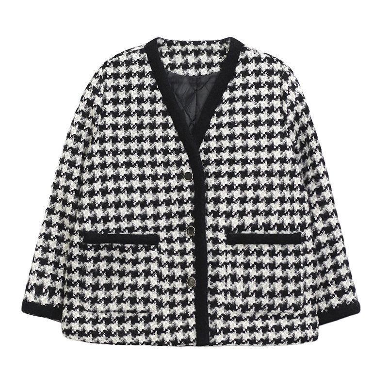 Women's Tweed Jacket Autumn and Winter Retro Houndstooth Woolen Top V-neck Jacket