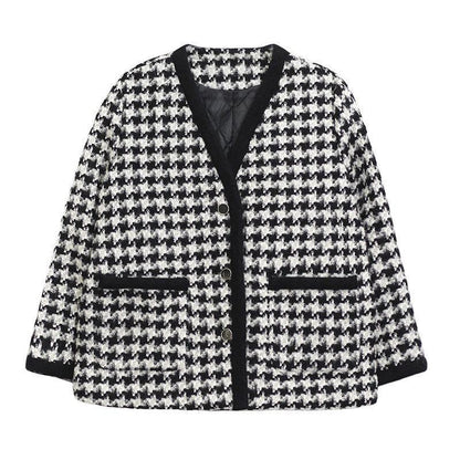 Women's Tweed Jacket Autumn and Winter Retro Houndstooth Woolen Top V-neck Jacket