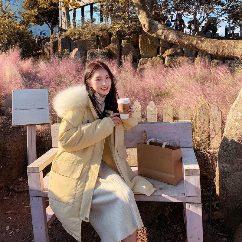 High-quality Cotton-padded Jacket Women Winter Korean Style Loose Hooded Goose Yellow Mid-length Large Fur Collar Cotton Jacket