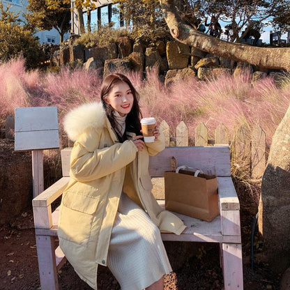 High-quality Cotton-padded Jacket Women Winter Korean Style Loose Hooded Goose Yellow Mid-length Large Fur Collar Cotton Jacket