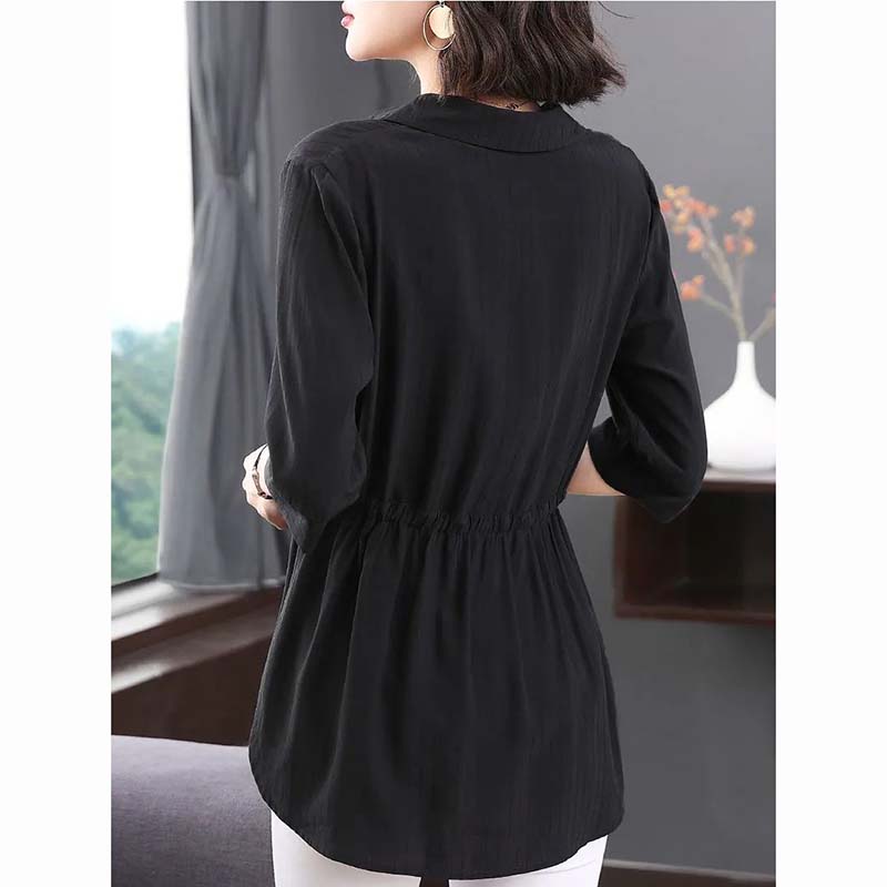Short-sleeved Chiffon Shirt Women's Mid-sleeve Summer Loose Belly Cover Waist Top Solid Color V-neck Large Size Mid-length Thin Blouses Drawstring Top