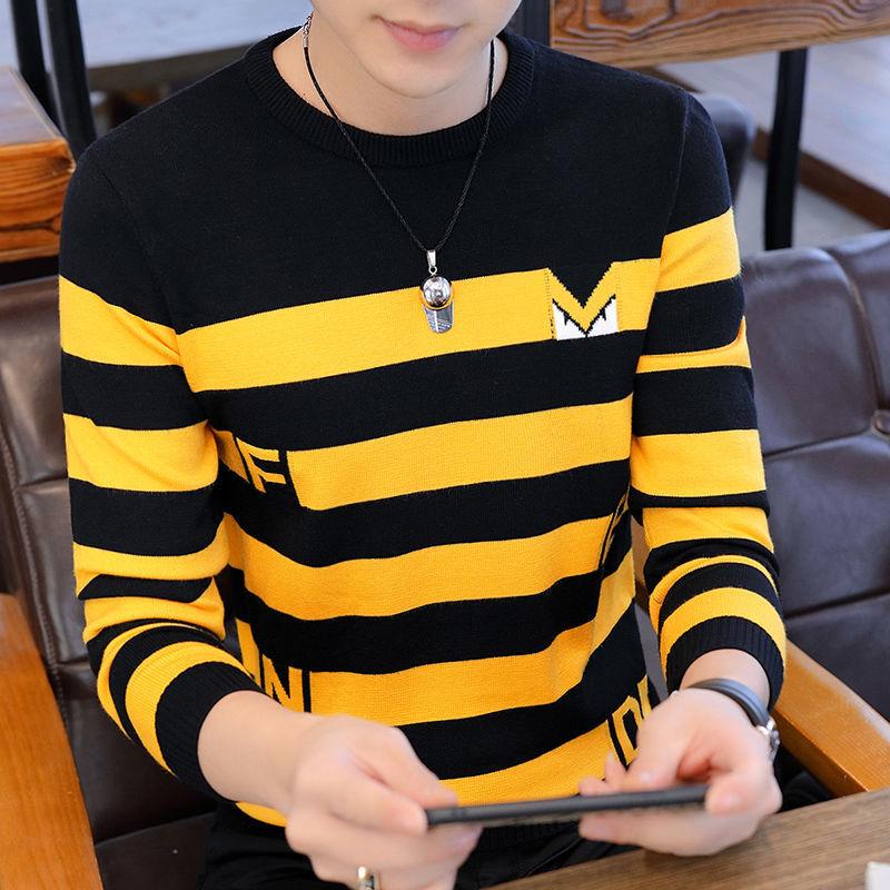 Autumn and Winter Striped Sweater Slim Young Men's Round Neck Knit Bottoming Shirt Long-sleeved Splicing Color Pullover Top