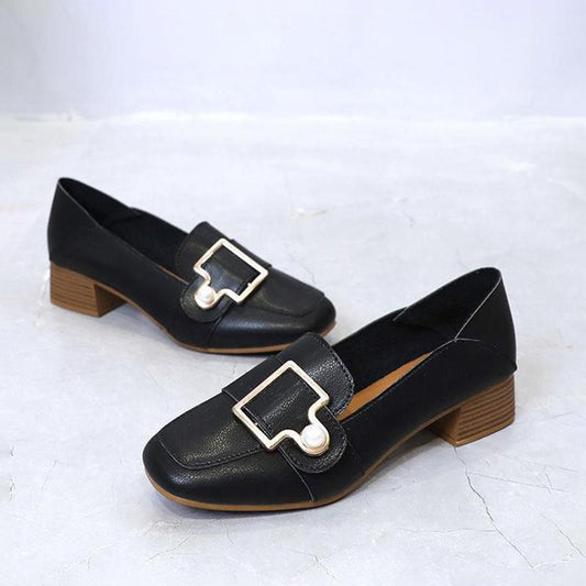 Leather Shoes Retro Square Toe Mid-heel Thick Heel Single Shoes Wild British Style Loafers Women's Mid-heel Comfortable Leather Shoes