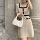 Female Vintage Knitted Short Sleeve Party Dress Slim Elegant Square High Waist Button Holiday Dress