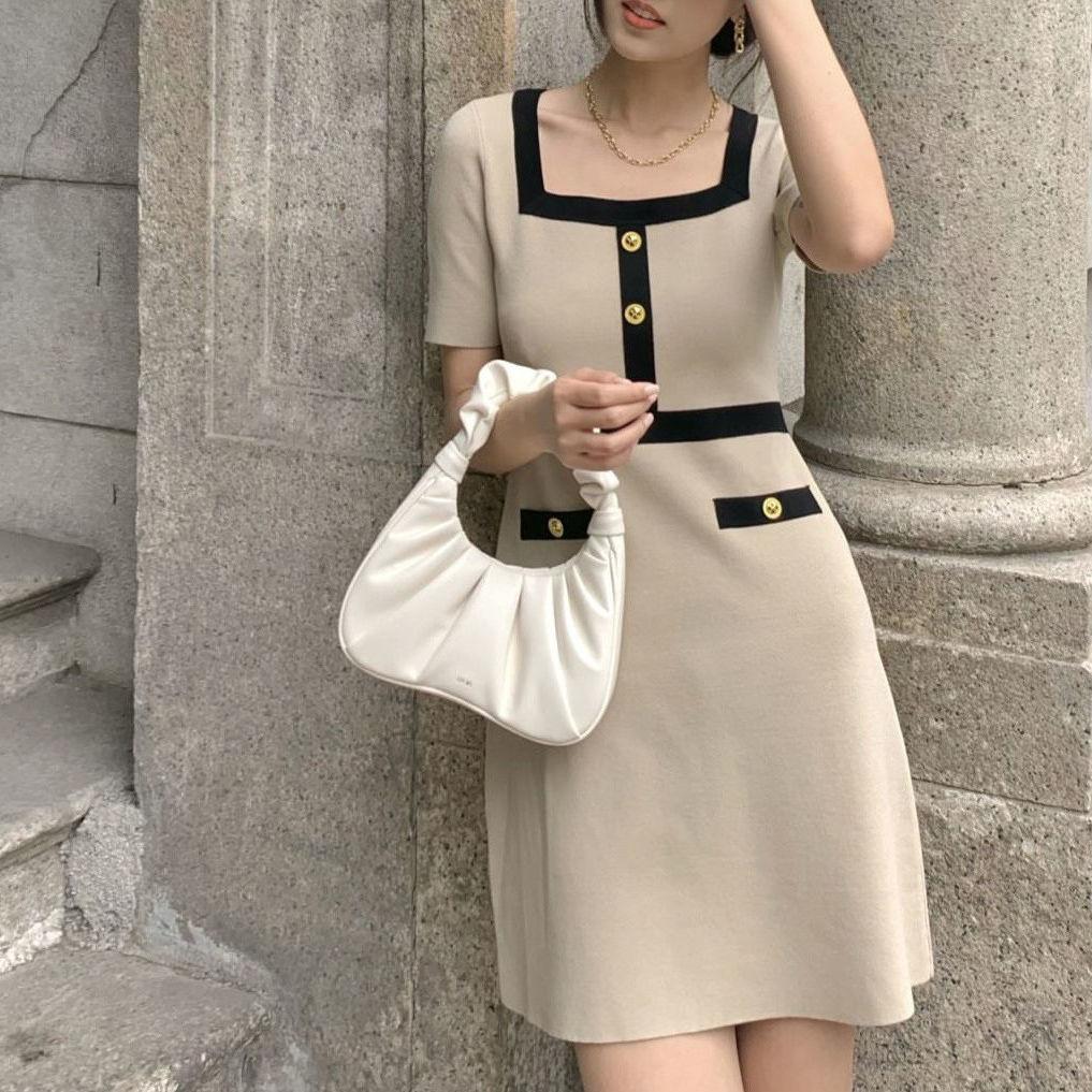 Female Vintage Knitted Short Sleeve Party Dress Slim Elegant Square High Waist Button Holiday Dress