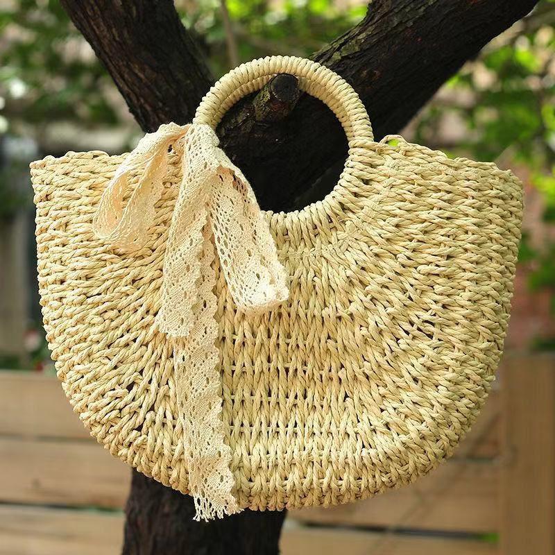 Lace Bow Basket Bags Women Casual Hollow Woven Shoulder Bag Knitted Handbags Large Capacity Vintage