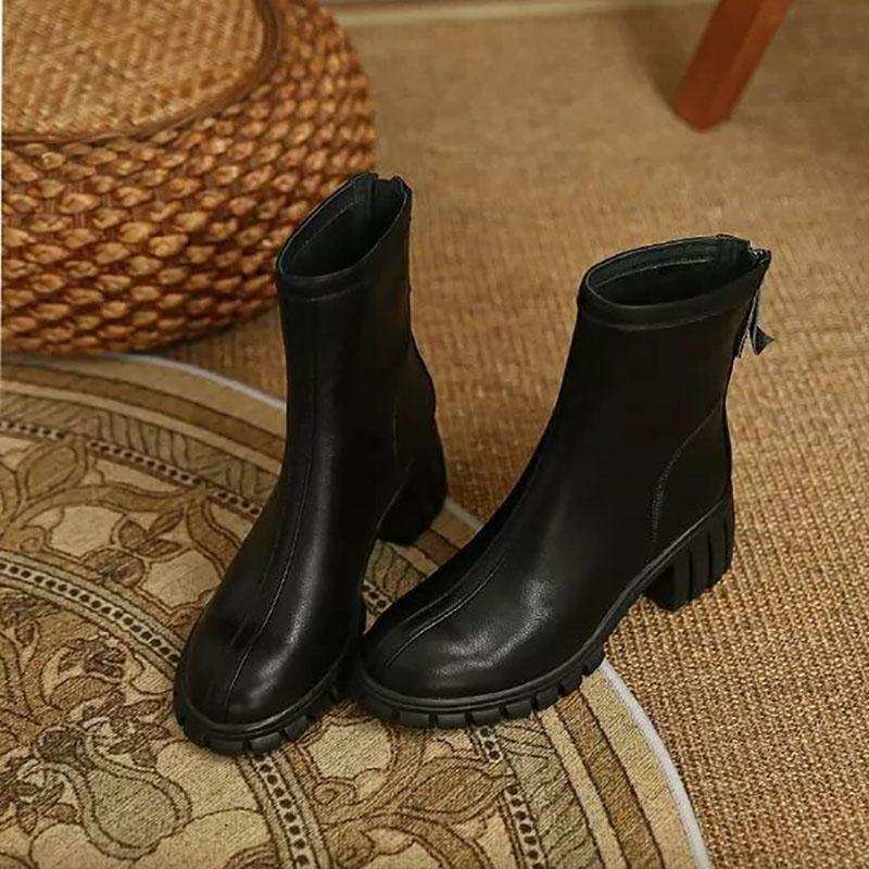 Martin Boots Woman Round Head Retro Boots Black Middle Boots Back Zipper Chelsea Boots Single Boots Spring and Autumn