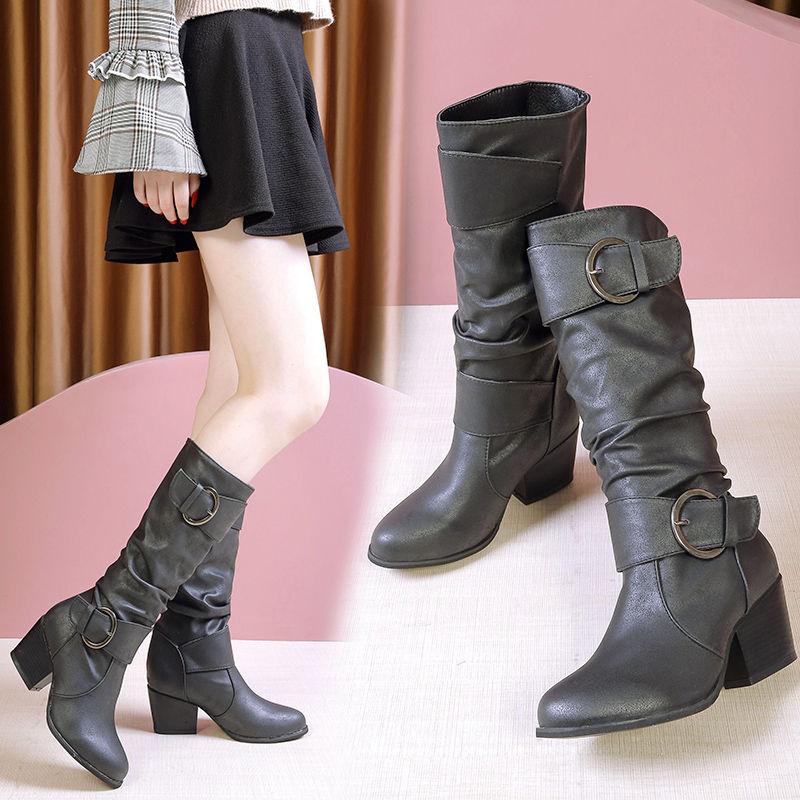 Leather Buckle High-heel Knee-High Boots Women's Leather High Boots Thick-heeled Knight Boots Plus Size 35-43 Cowboy Boots