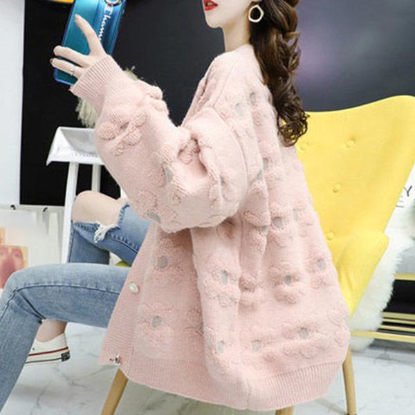 Mid-length Autumn and Winter Top Loose Casual Knit Cardigan Long-sleeved V-neck Sweater