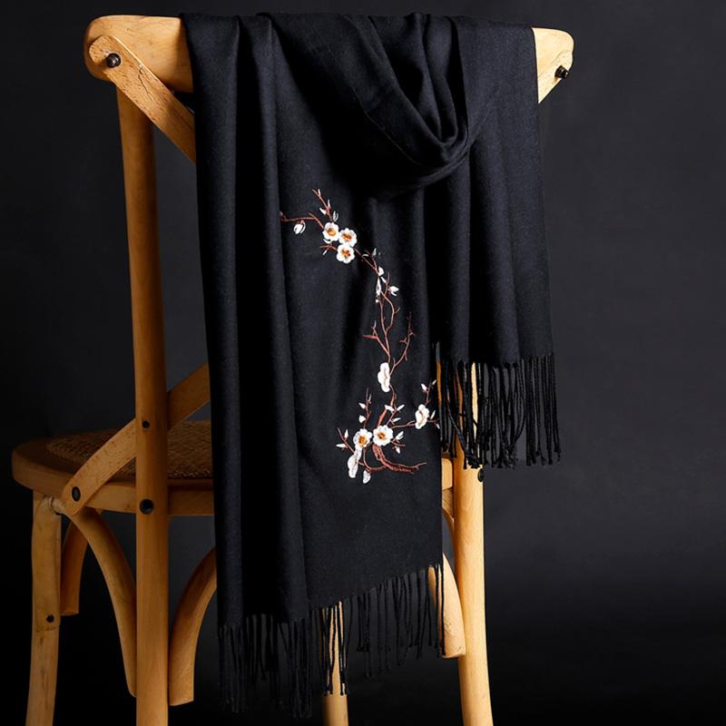 Pure Color Imitation Cashmere Embroidered Scarf Mid-length Ladies Ethnic Style Tassel Shawl Warm Scarf Soft Fabric Women's Shawl