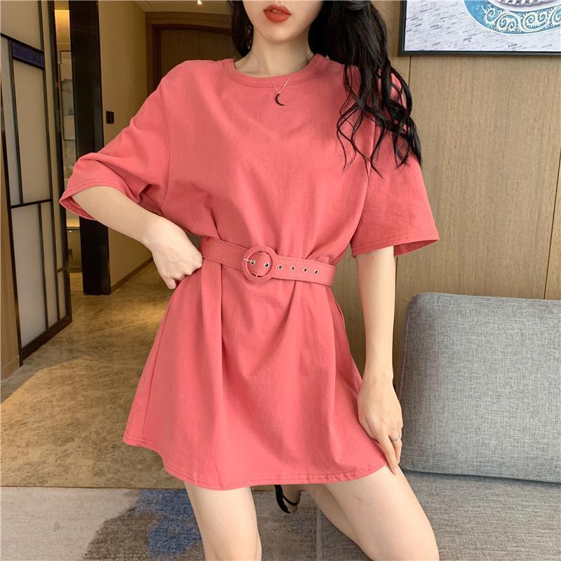 Send A Belt T-shirt Female Mid-length Short-sleeved Loose All-match T-shirt Dress Solid Color Students