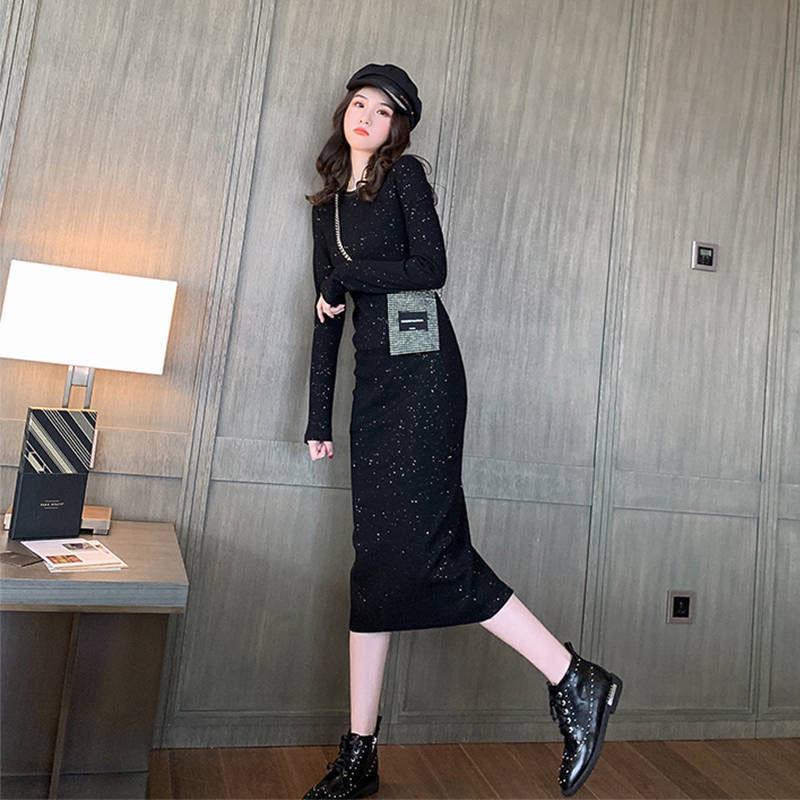 Shiny Long Sleeved Black Dress Sexy Slim Female Knee Length Dress Solid Elegant Party Dress Night