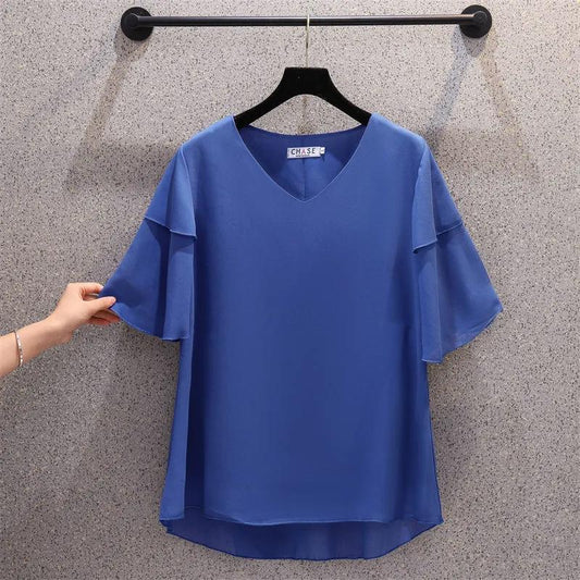 Chiffon Shirt Summer Women's V -neck Loose Top Women's T -shirt Women's Large Size