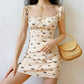 Female Little Fresh Butterfly Print Square Neck Slim Elegant Dress A-line Short Sleeve Holiday Dress