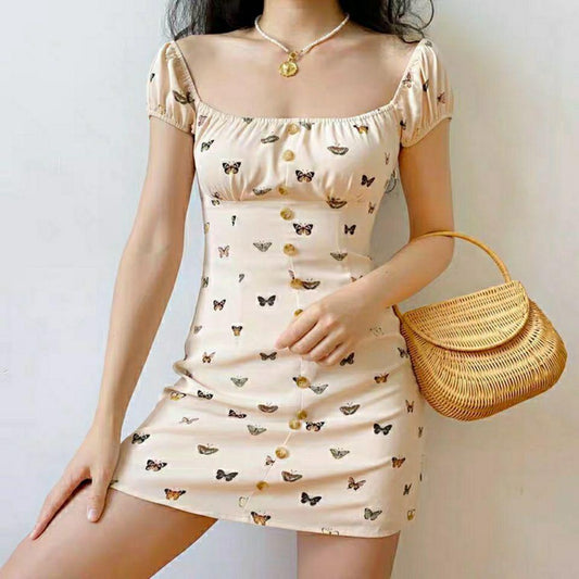 Female Little Fresh Butterfly Print Square Neck Slim Elegant Dress A-line Short Sleeve Holiday Dress