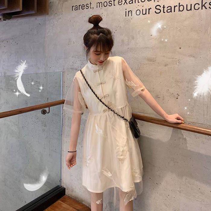 Pofulove S-4XL Women O-neck Feather Mesh Dress Loose Slim Sweet Short-sleeved Dress Short Cheongsam