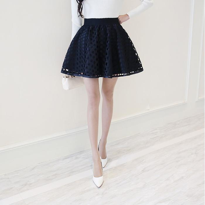 Two Layers High-waist Elasticity Hollow Out Plus Size Short Skirt Women's A-line Skirt  Anti-glare Solid Color
