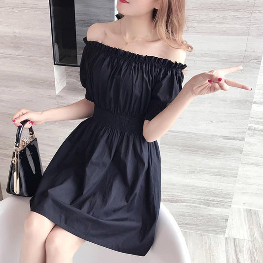 Fashion Summer Short Sleeve Sexy Slash Neck Dress Above Knee Backless Elastic Waist Dress