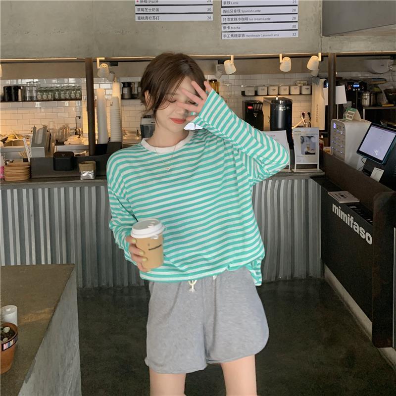 Fall Version of striped Loose Simple Long-sleeved T-shirt Women Simple top Blouse Tee