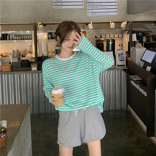 Fall Version of striped Loose Simple Long-sleeved T-shirt Women Simple top Blouse Tee