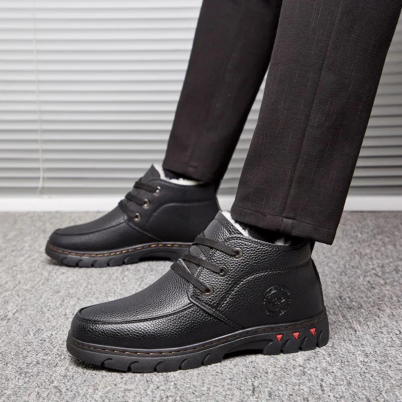 Men's Winter Cotton Shoes Leather Wool Fur Integrated Warm Cotton Leather Shoes Non-slip Dad Shoes