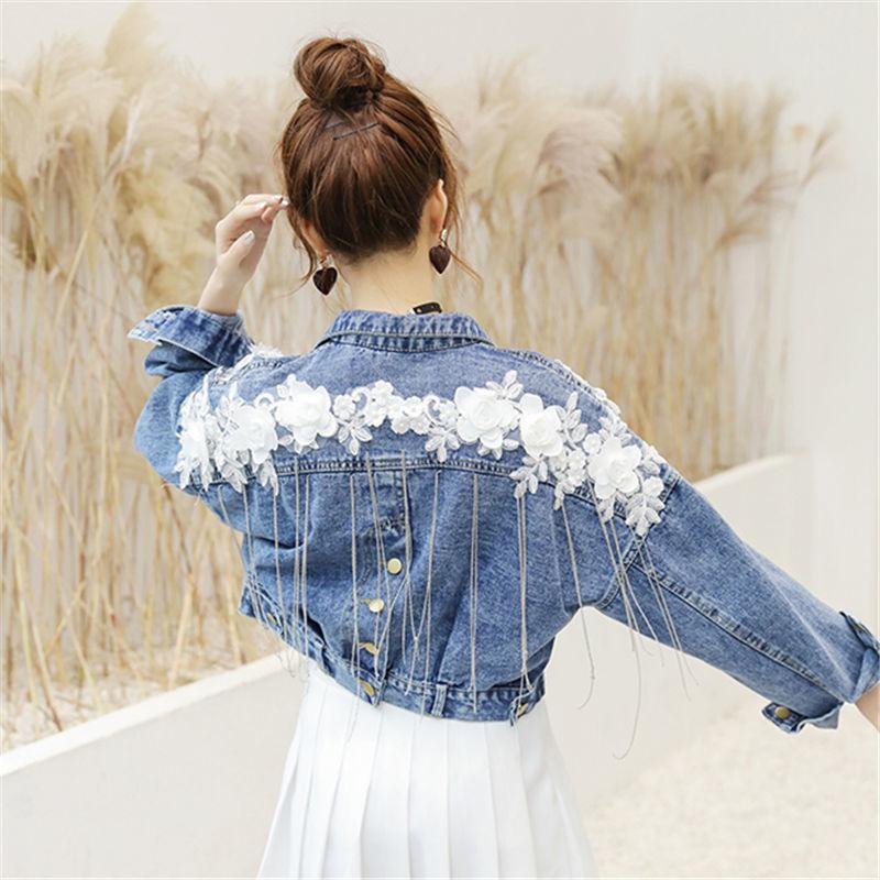Spring and Autumn Three-dimensional Flower Embroidery Chain Tassel Loose Doll Sleeve Denim Short Jacket Women's Long Sleeve Casual Women's Jacket